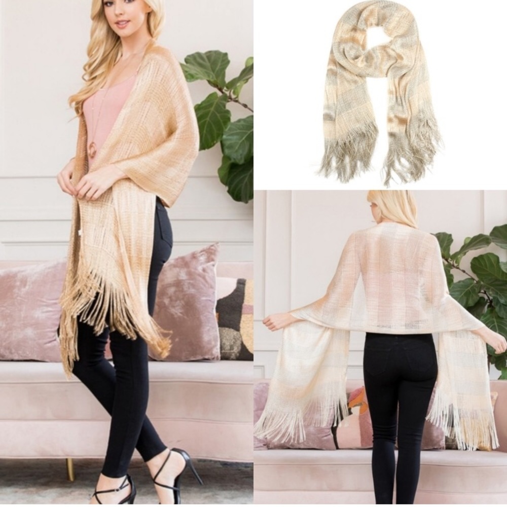 Silver ivory Stripe Fringe Sheer shawl Scarf Wrap Beach Swim Cover up
